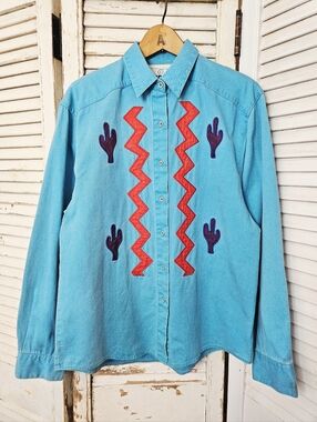 Vintage 90s Wrangler Painted Desert Cactus Southwest Turquoise Denim Jacket L